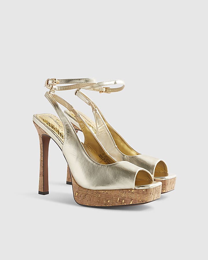 Gold Peep Toe Platform Heeled Sandals