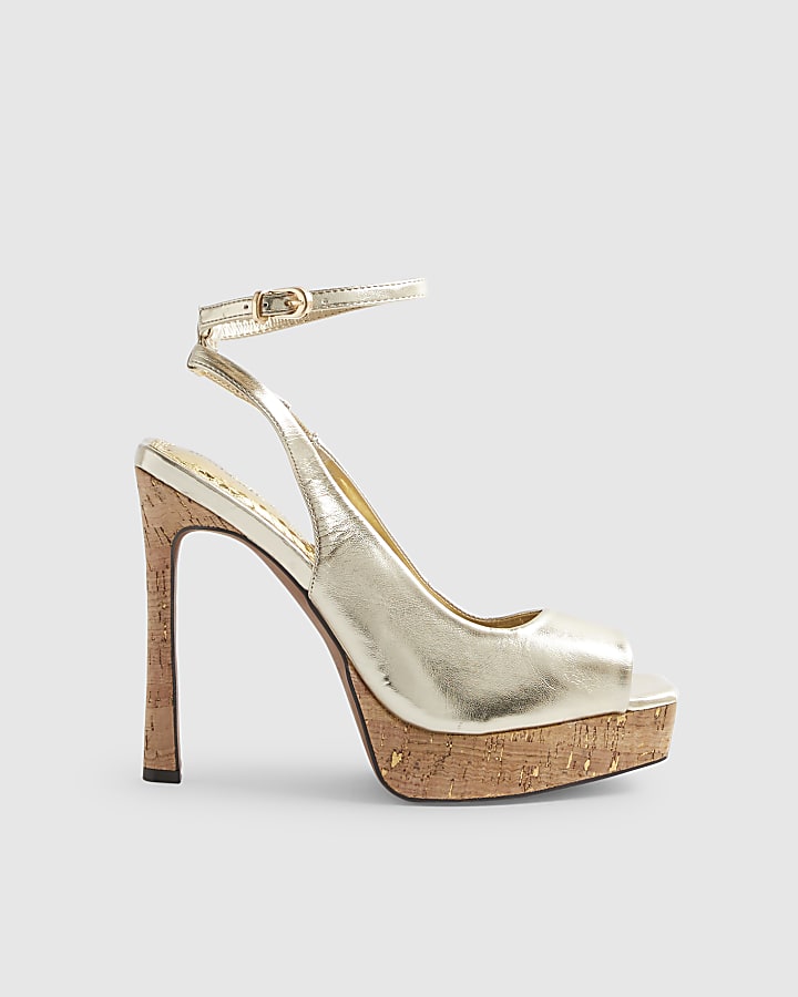 Gold Peep Toe Platform Heeled Sandals