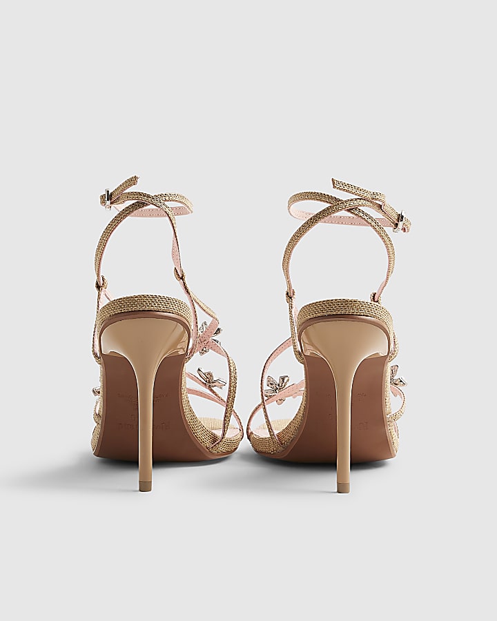 Beige Diamante Flower Strappy Heel Sandals
