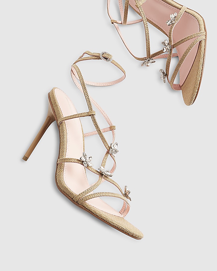 Beige Diamante Flower Strappy Heel Sandals