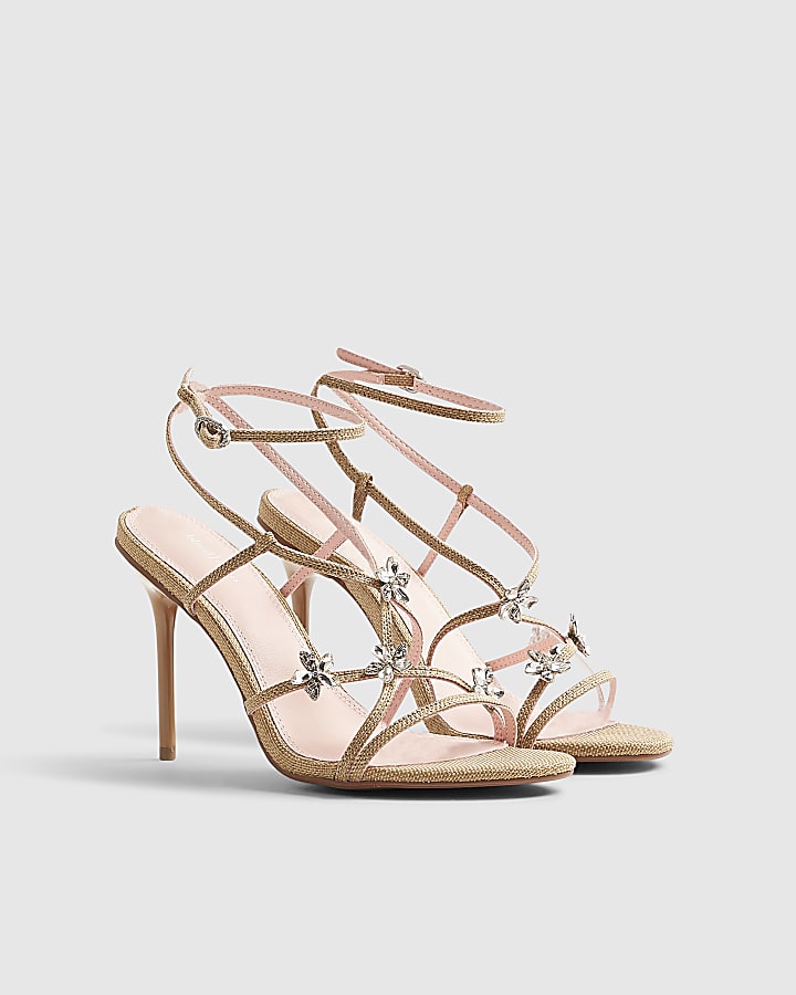 Beige Diamante Flower Strappy Heel Sandals