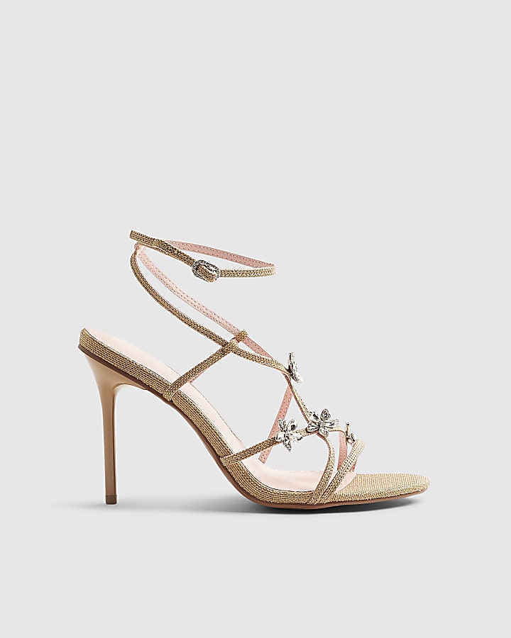 Beige Diamante Flower Strappy Heel Sandals