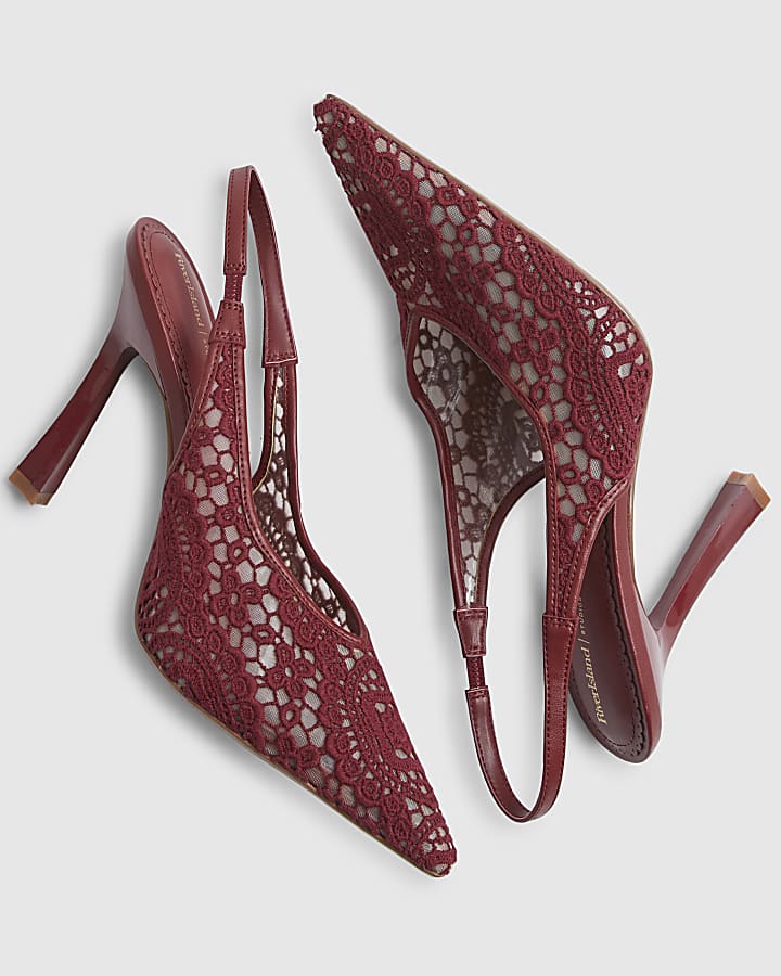 Red Lace Sling Back Court Heels