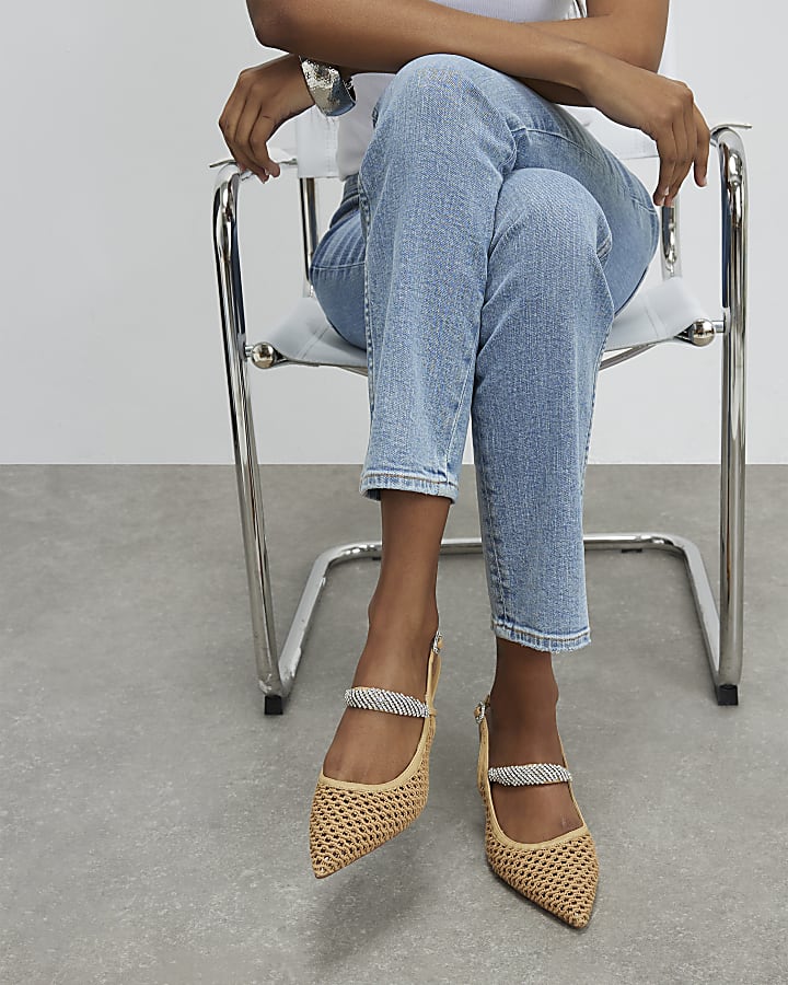 Beige Raffia Diamante Sling Back