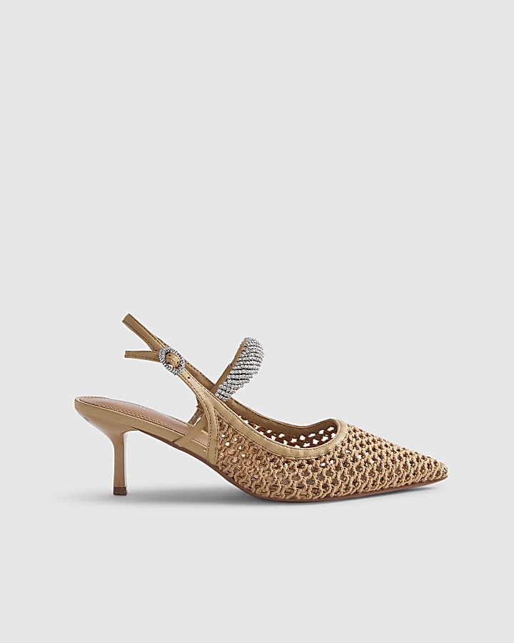 Beige Raffia Diamante Sling Back