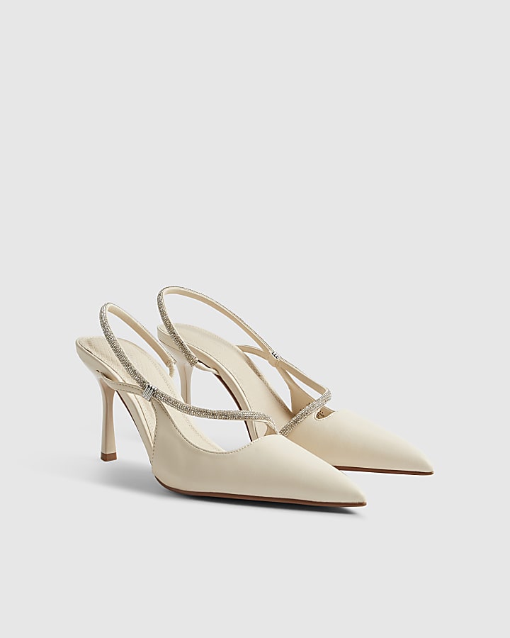 Cream Diamante Slingback Court Heels