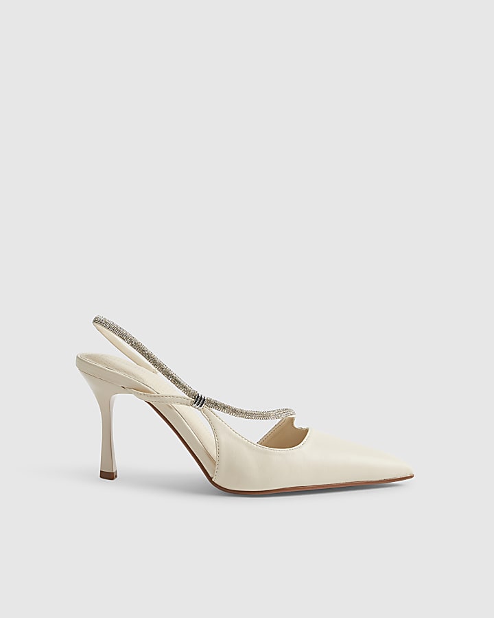 Cream Diamante Slingback Court Heels