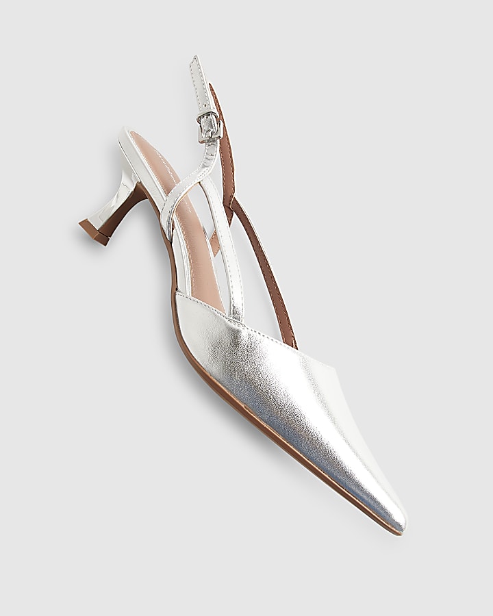 Silver Slingback Low Court Heels