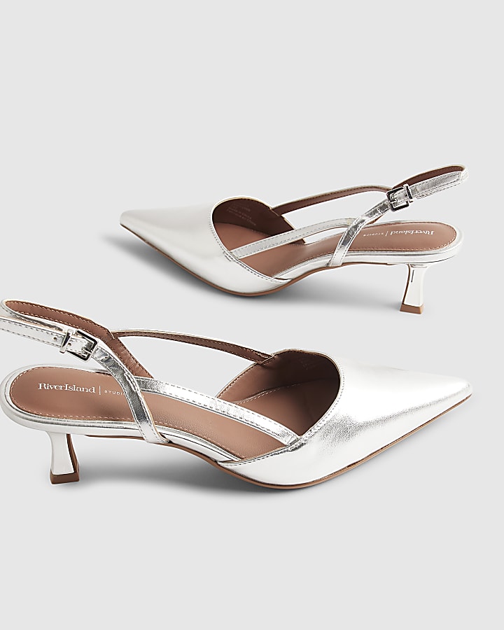 Silver Slingback Low Court Heels