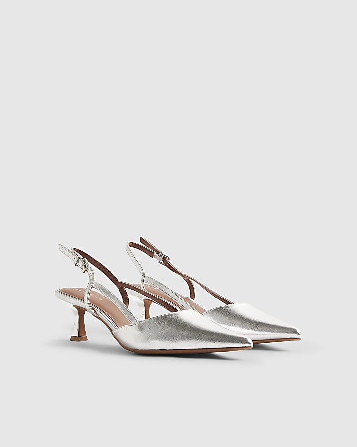 Silver Slingback Low Court Heels