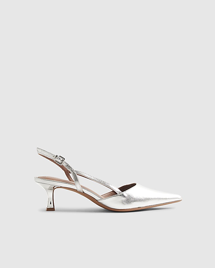 Silver Slingback Low Court Heels