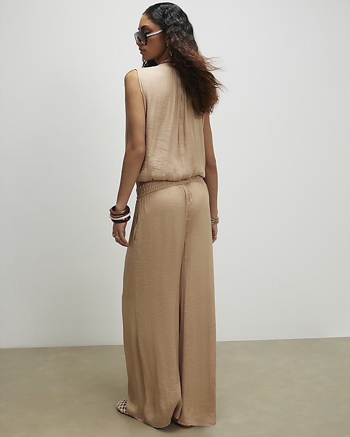 Beige Elasticated Wide Leg Trousers