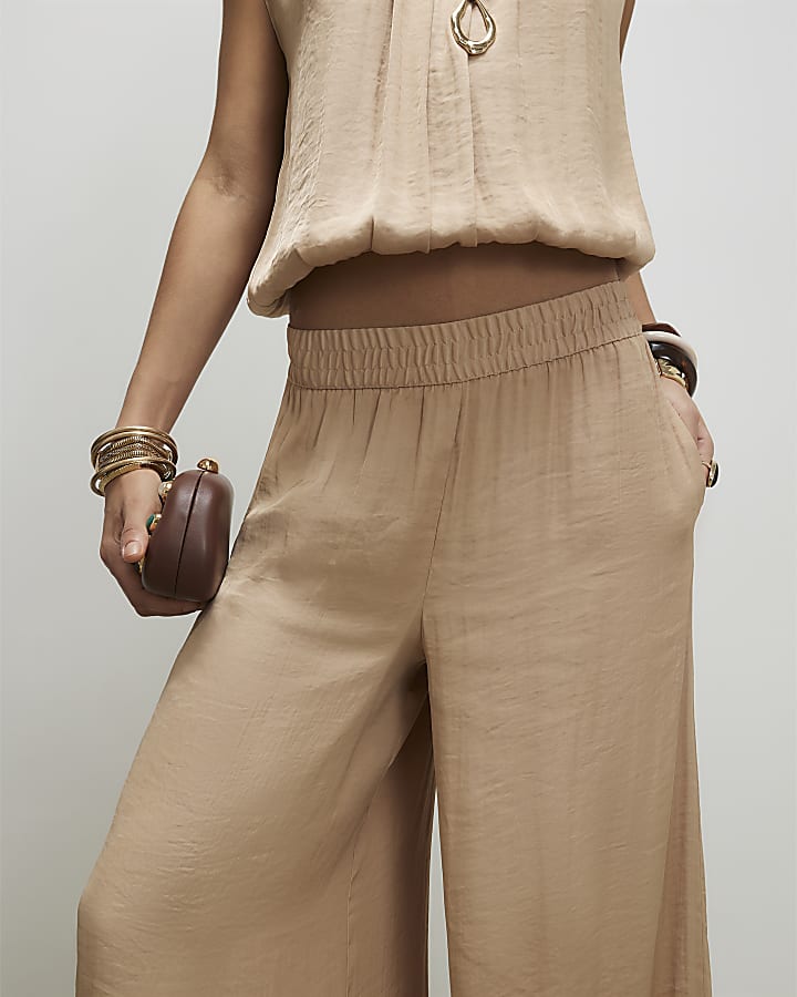 Beige Elasticated Wide Leg Trousers