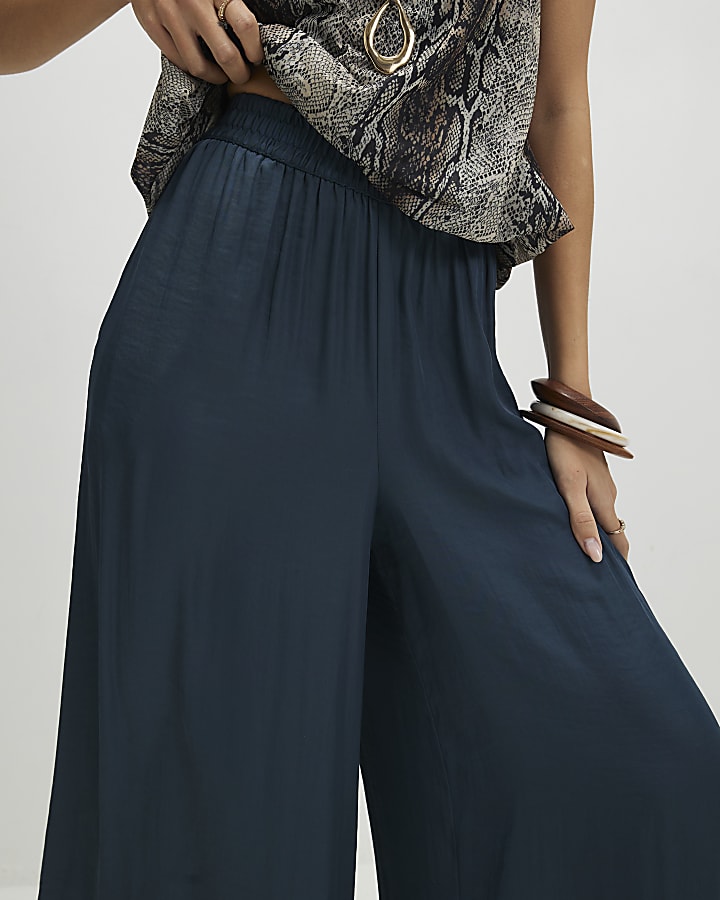 Blue Satin Elasticated Flowing Trousers