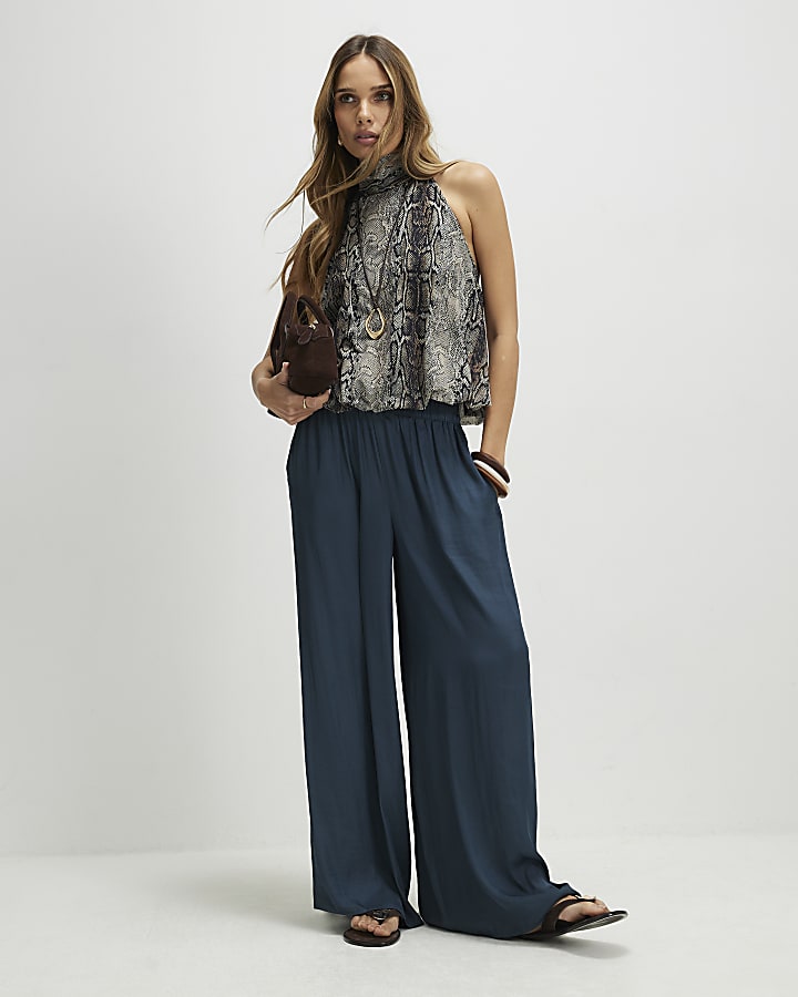 Blue Satin Elasticated Flowing Trousers
