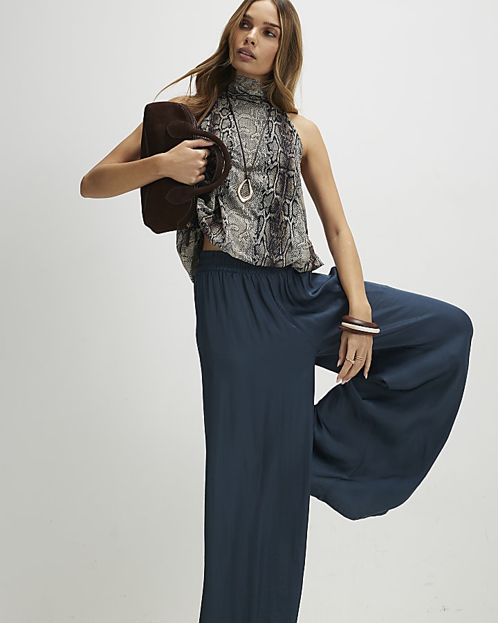 Blue Satin Elasticated Flowing Trousers