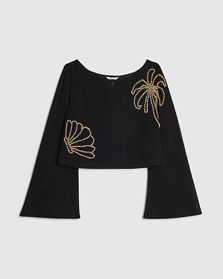 Black Cotton Beaded Knit Top