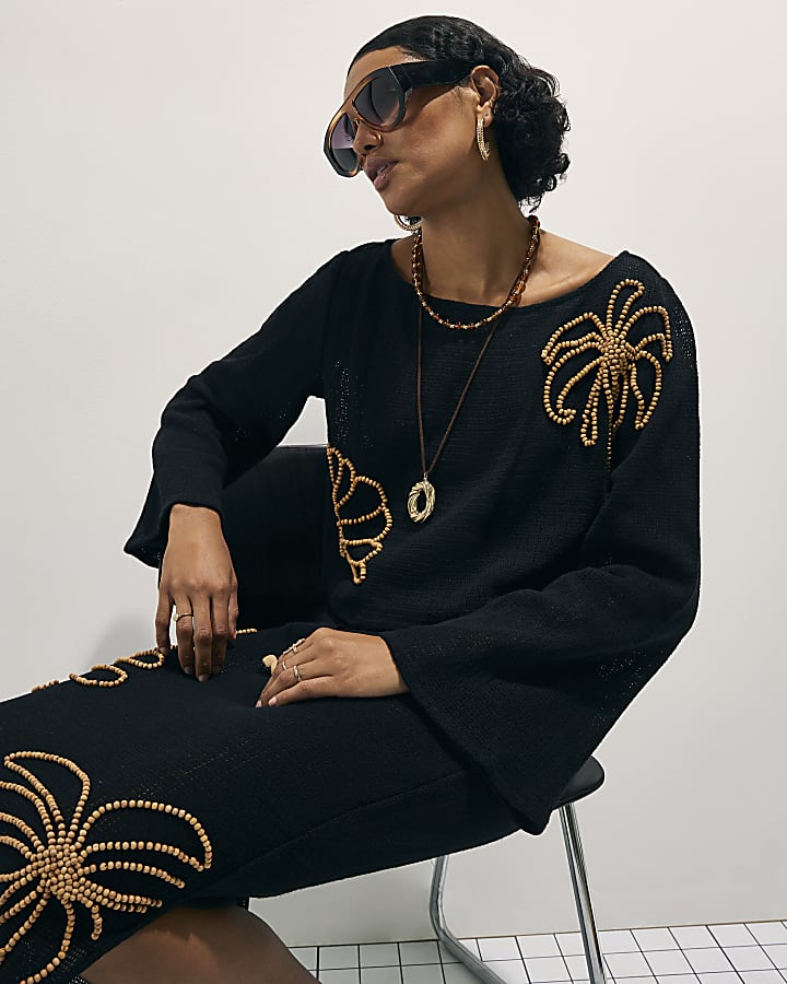 Black Cotton Beaded Knit Top