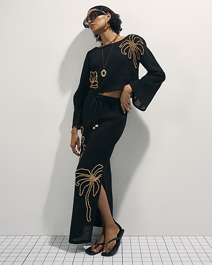 Black Cotton Beaded Knit Top