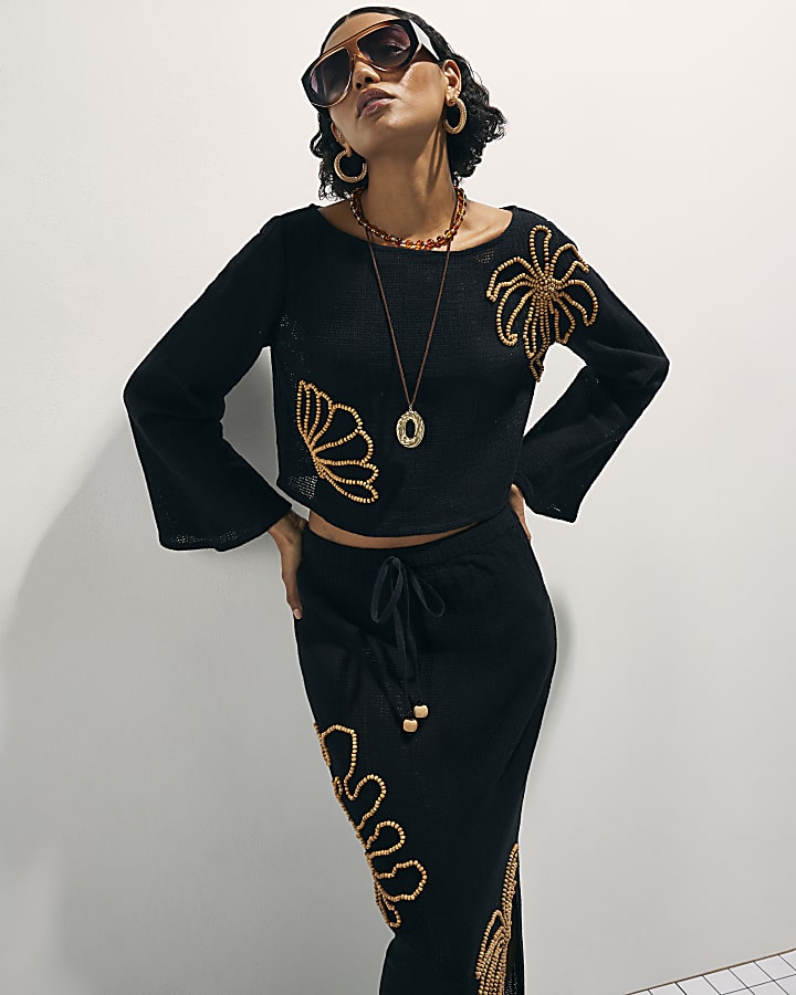 Black Cotton Beaded Knit Top