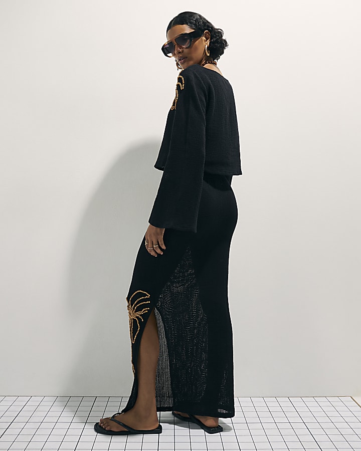 Black Beaded Knit Maxi Skirt