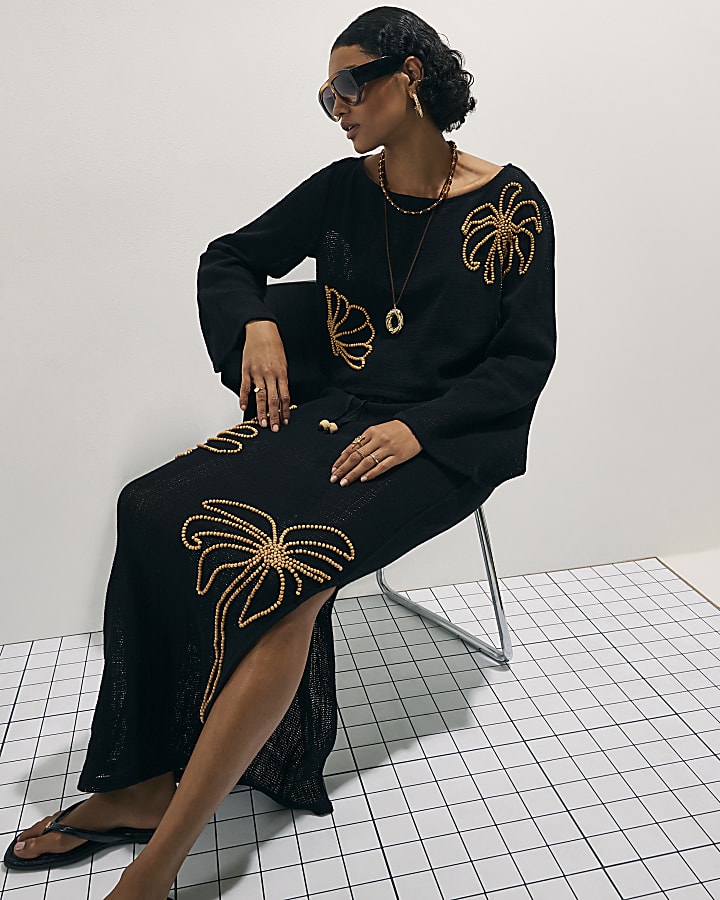 Black Beaded Knit Maxi Skirt