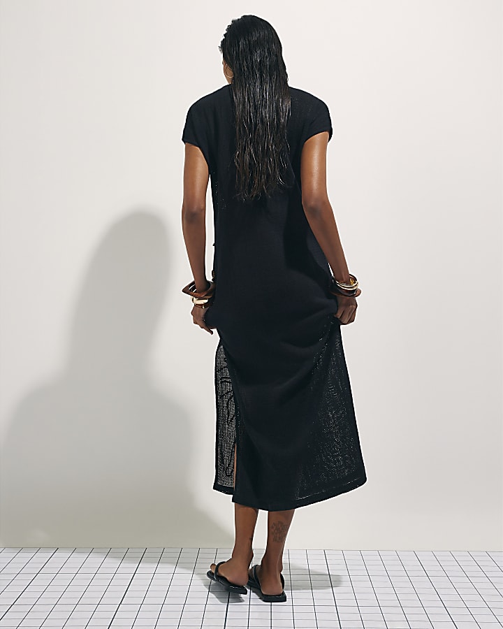 Black Knit Beaded Midi Beach Dress