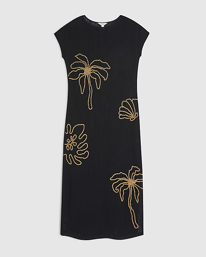 Black Knit Beaded Midi Beach Dress