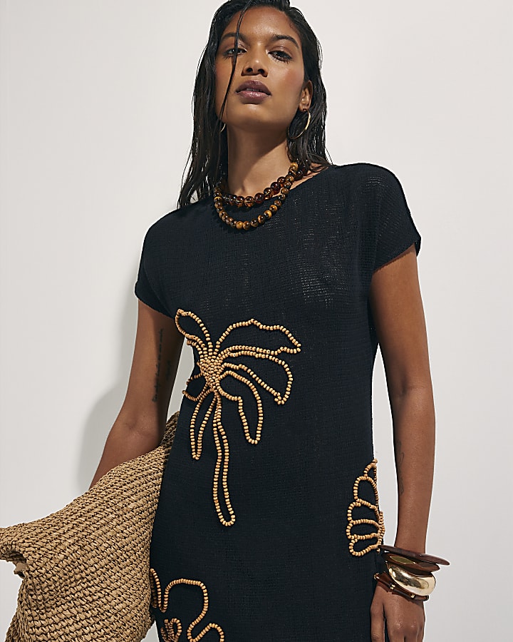 Black Knit Beaded Midi Beach Dress