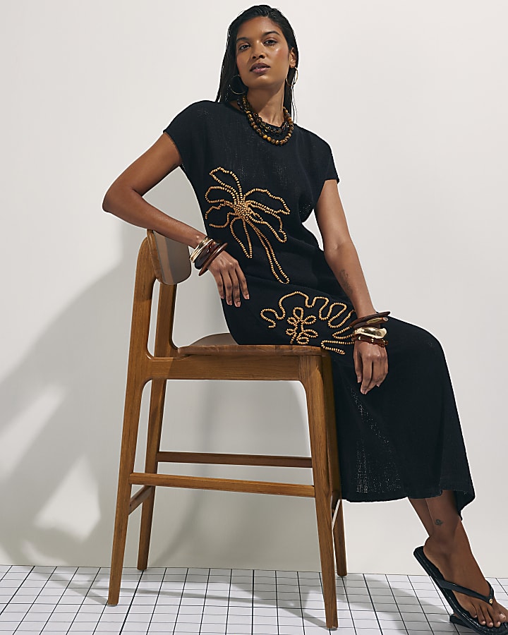 Black Knit Beaded Midi Beach Dress