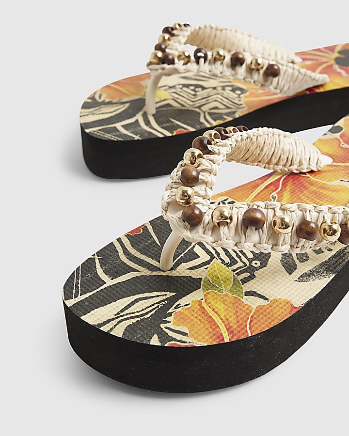 Cream Beaded Toe Thong Sandals