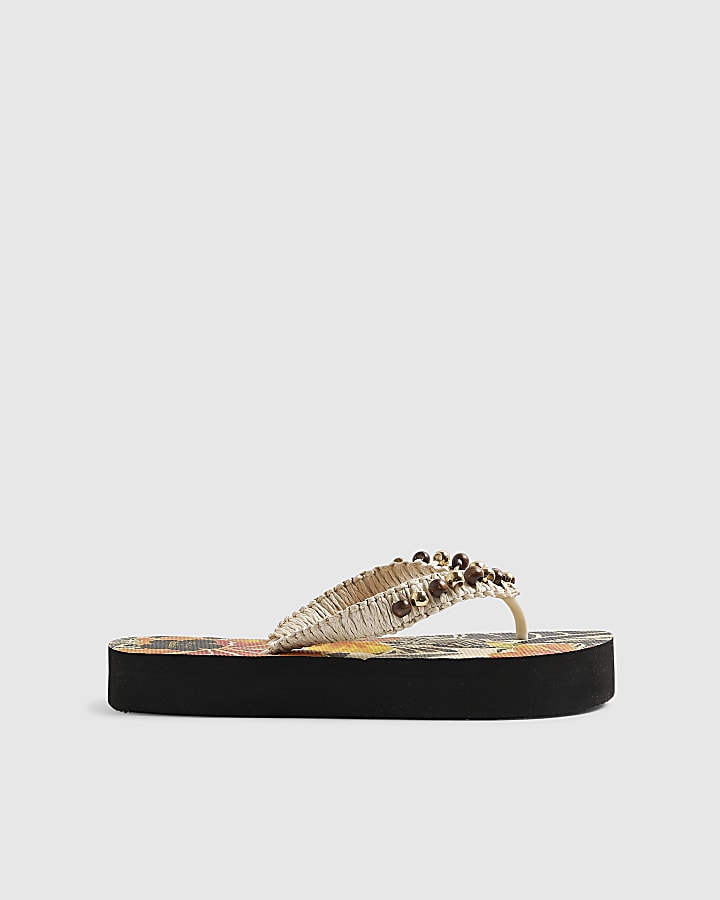 Cream Beaded Toe Thong Sandals