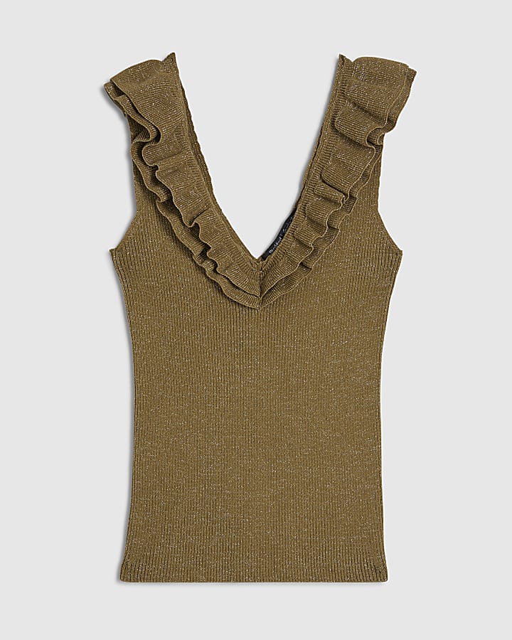 Gold Knitted Frill Trim Vest Top