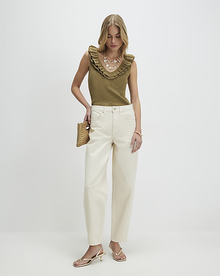 Gold Knitted Frill Trim Vest Top