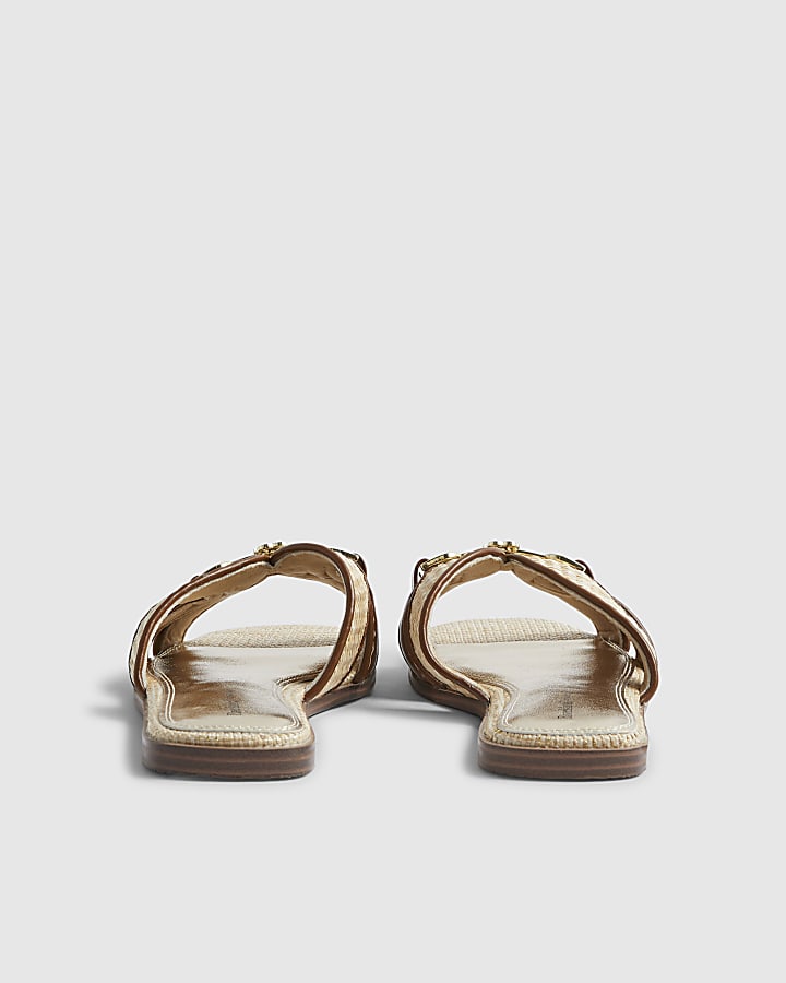 Beige Raffia Flat Sandals