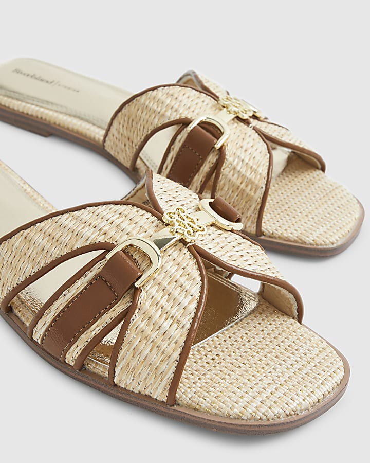Beige Raffia Flat Sandals
