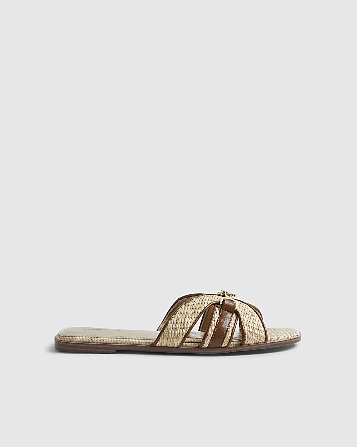 Beige Raffia Flat Sandals