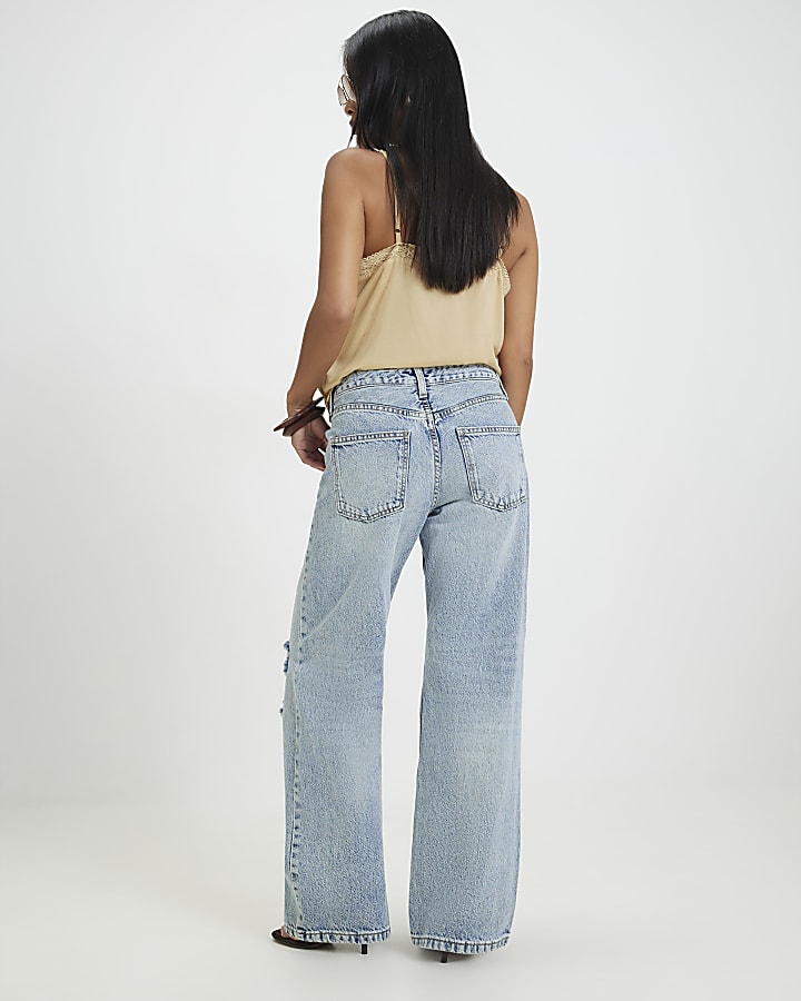 Petite Blue Relaxed Straight Leg Ripped Jeans