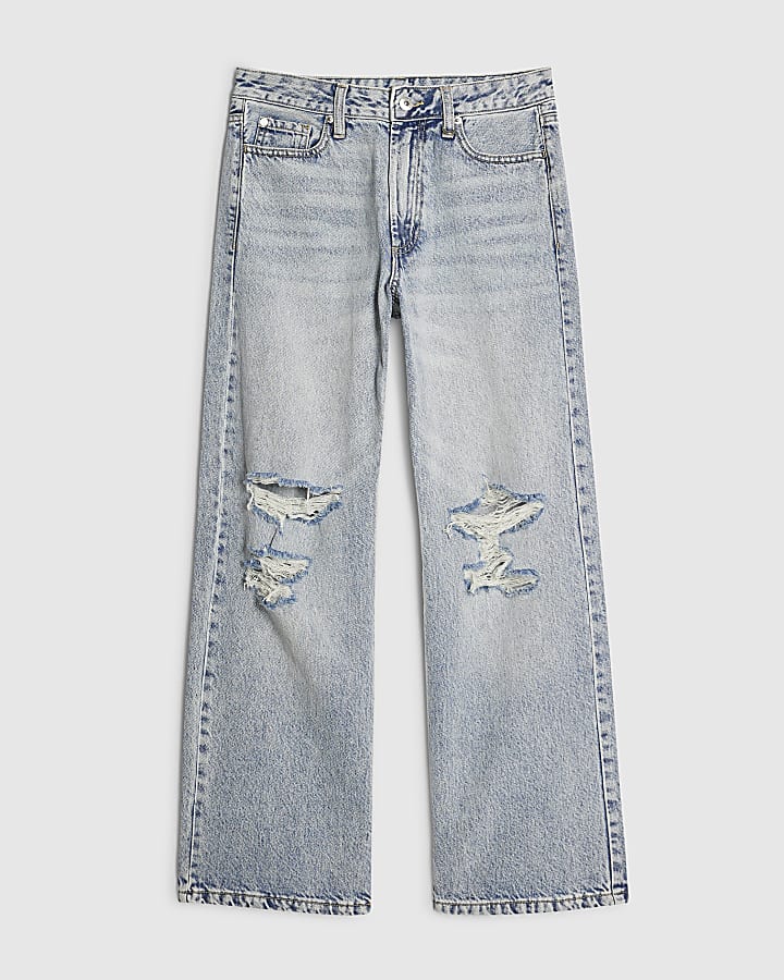 Petite Blue Relaxed Straight Leg Ripped Jeans