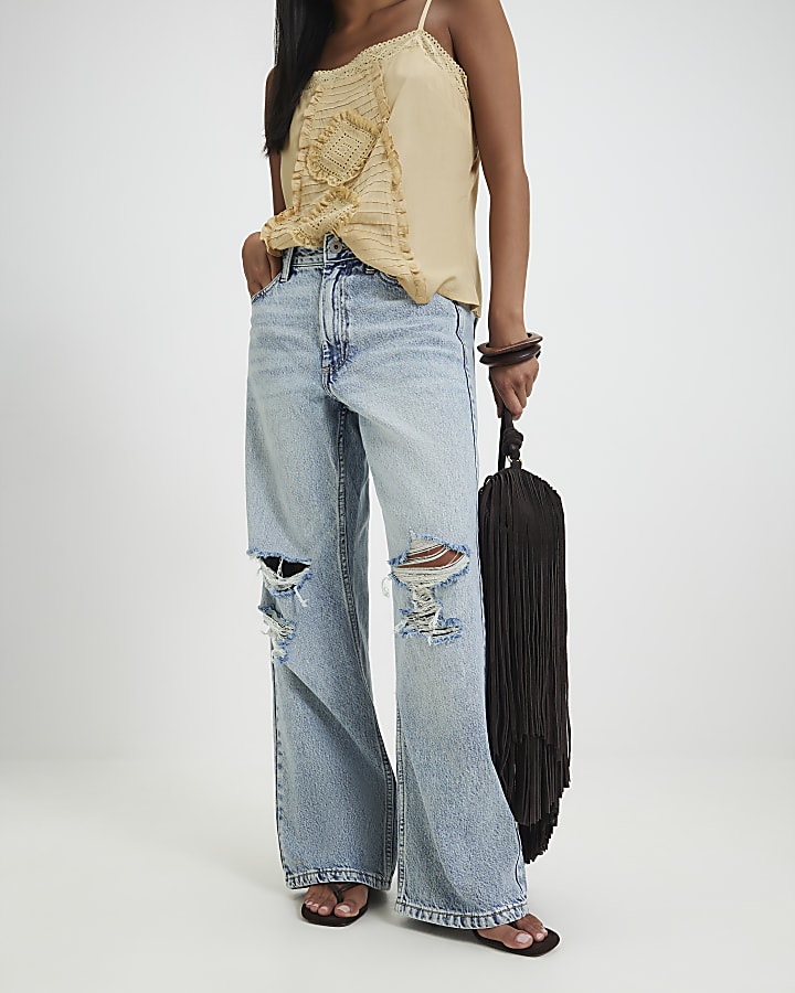 Petite Blue Relaxed Straight Leg Ripped Jeans