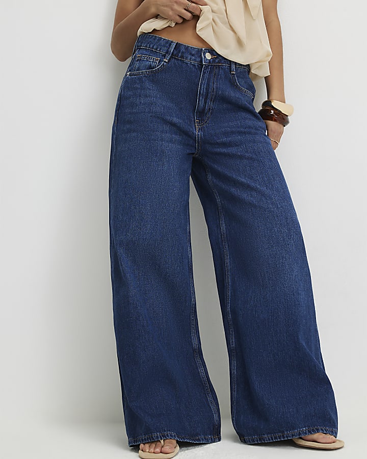 Petite Navy High Waisted Soft Wide Leg Jeans