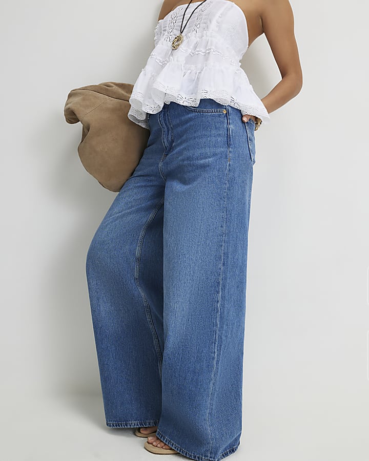 Petite Blue High Waisted Soft Wide Leg Jeans