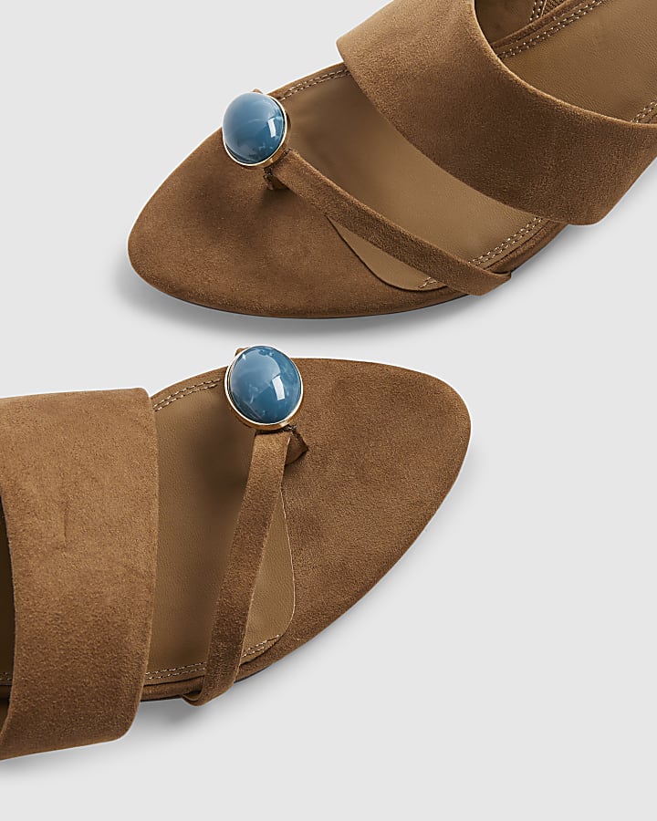 Brown Skinny Heel Toe Gem Sandals