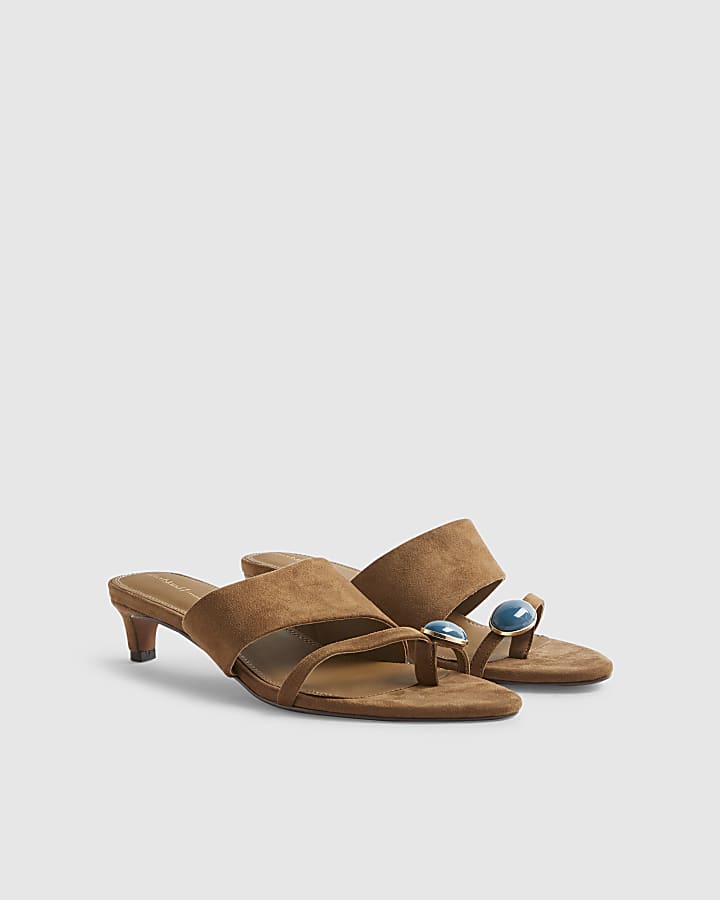 Brown Skinny Heel Toe Gem Sandals