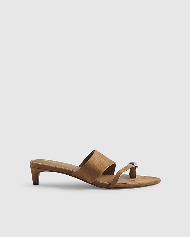 Brown Skinny Heel Toe Gem Sandals