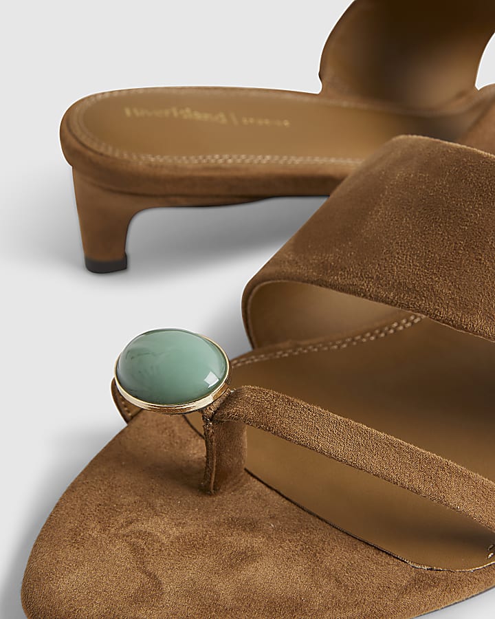 Brown Gem Toe Faux Suede Heeled Sandals