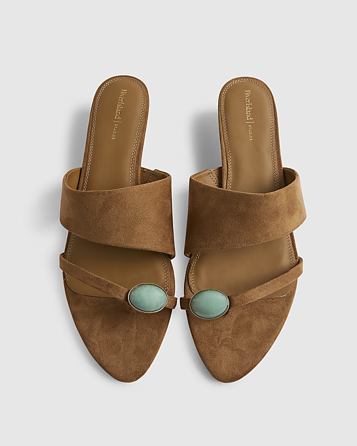 Brown Gem Toe Faux Suede Heeled Sandals