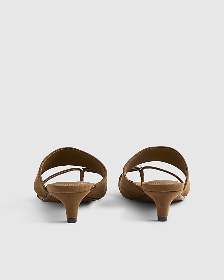Brown Gem Toe Faux Suede Heeled Sandals