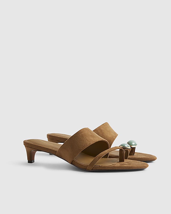 Brown Gem Toe Faux Suede Heeled Sandals
