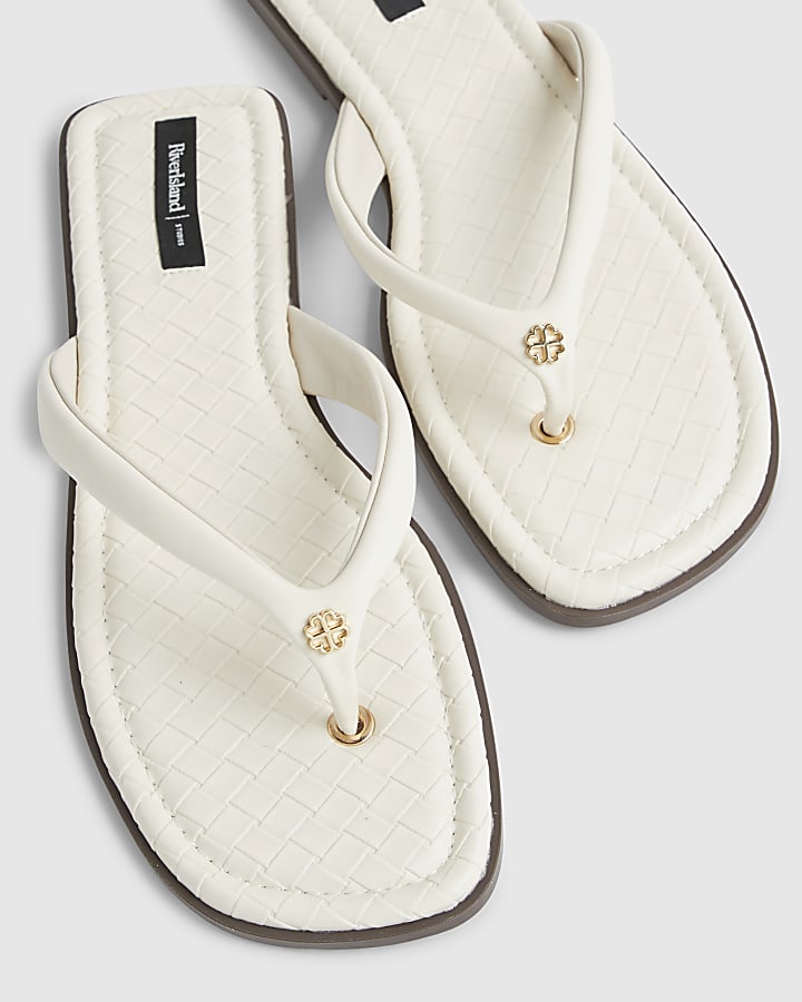Cream Woven Toe Thong Flat Sandals